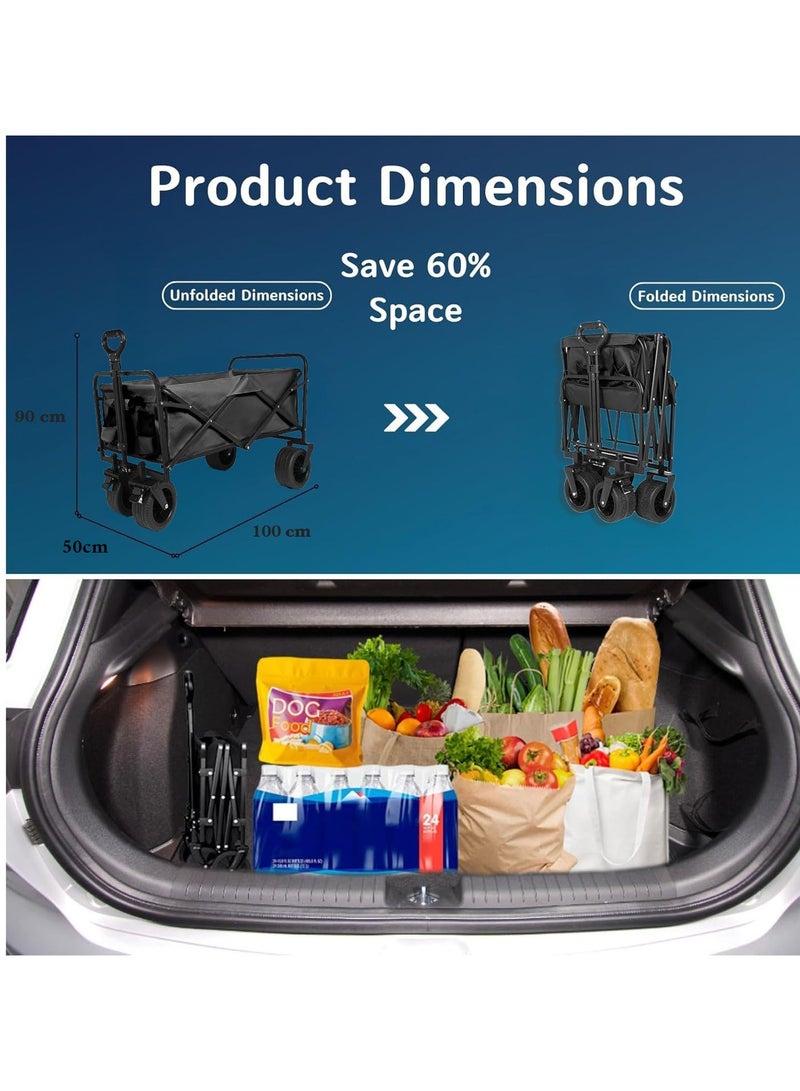 إي وورلد عربة تسوق قابلة للطي – عربة متعددة الاستخدامات شديدة التحمل بسعة 150kg، مع مقبض قابل للتعديل، وجيبين، وعجلات دوارة بزاوية 360°، قماش مقاوم للماء، مدمجة للبحر، والتخييم، والحديقة، والاستخدام اليومي – اللون الأسود - Image 3